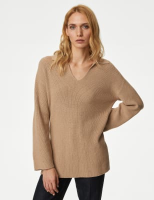 M&S Collection Cotton Rich Ribbed Collared Longline Jumper