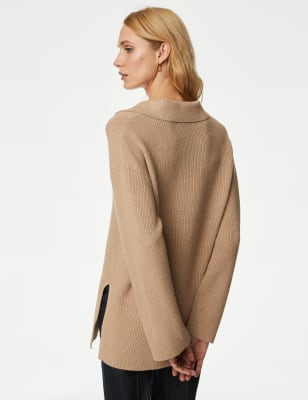 M&S Collection Cotton Rich Ribbed Collared Longline Jumper