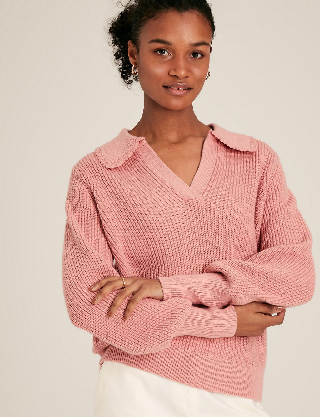 Cotton Rich Ribbed Collared V-Neck Jumper 3 of 5