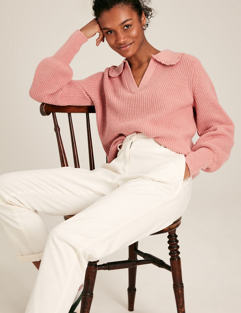 Cotton Rich Ribbed Collared V-Neck Jumper 1 of 5