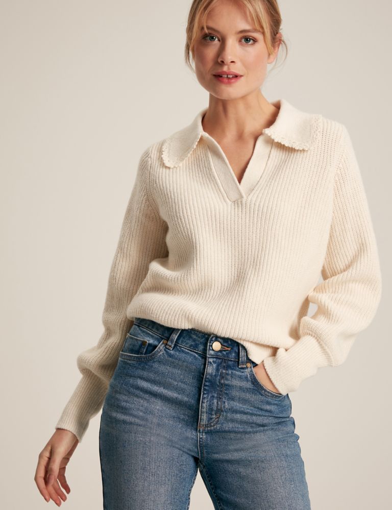 Cotton Rich Ribbed Collared V-Neck Jumper 1 of 8
