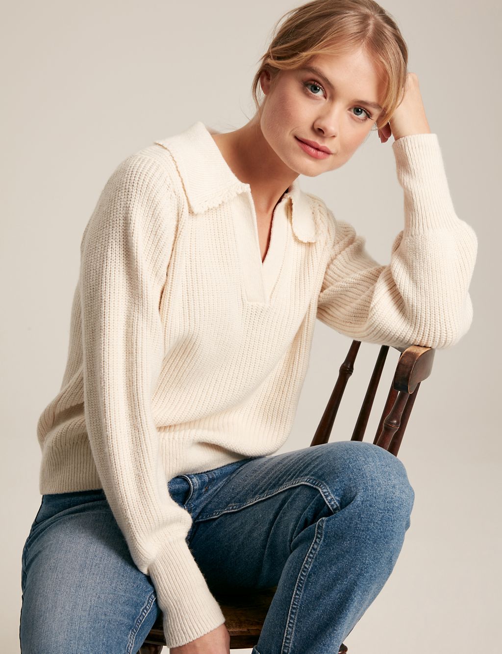 Cotton Rich Ribbed Collared V-Neck Jumper 6 of 8