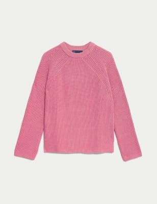 Rent M&S Pink Ribbed Funnel Neck Relaxed Longline Jumper