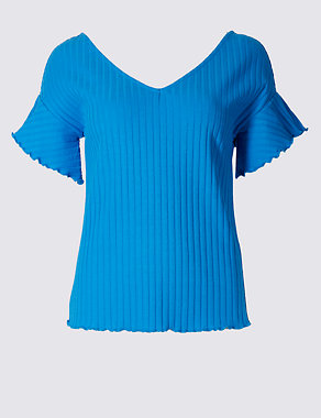 Cotton Rich Ribbed Frill Sleeve T-Shirt Image 2 of 5