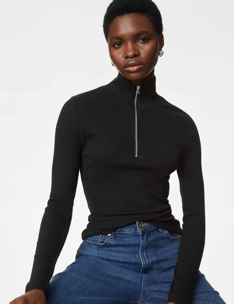 Cotton Rich Ribbed Half Zip Top, M&S Collection
