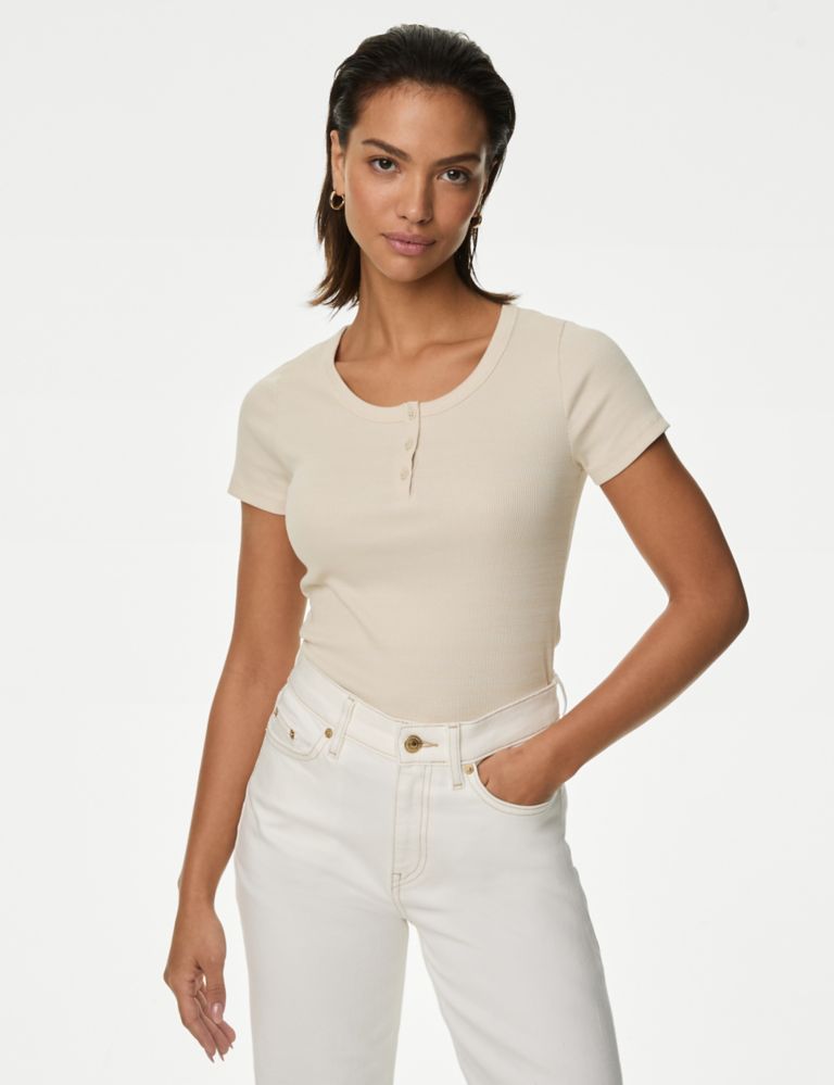 Cotton Rich Ribbed Henley Top 1 of 5