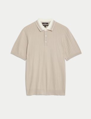 Cotton Rich Ribbed Knitted Polo Shirt Image 2 of 6