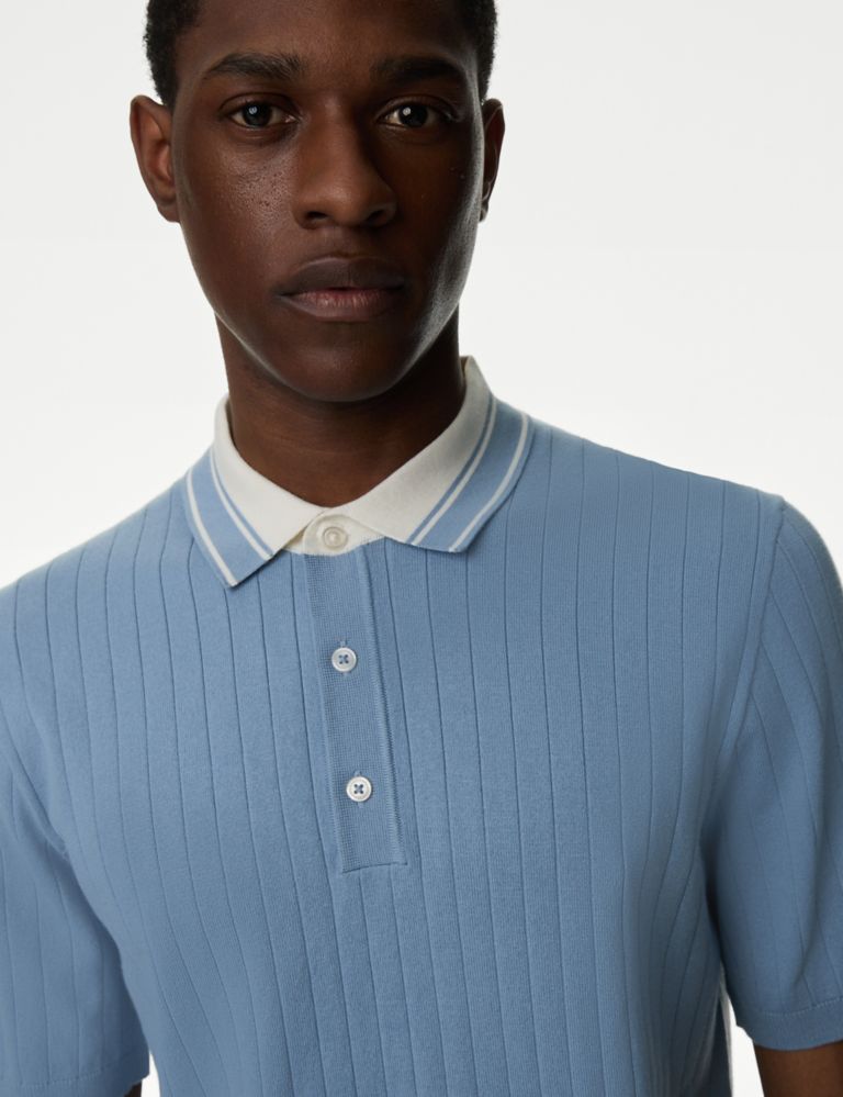 Cotton Rich Ribbed Knitted Polo Shirt 4 of 5