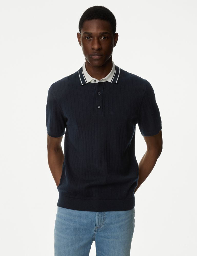 Cotton Rich Ribbed Knitted Polo Shirt 4 of 5