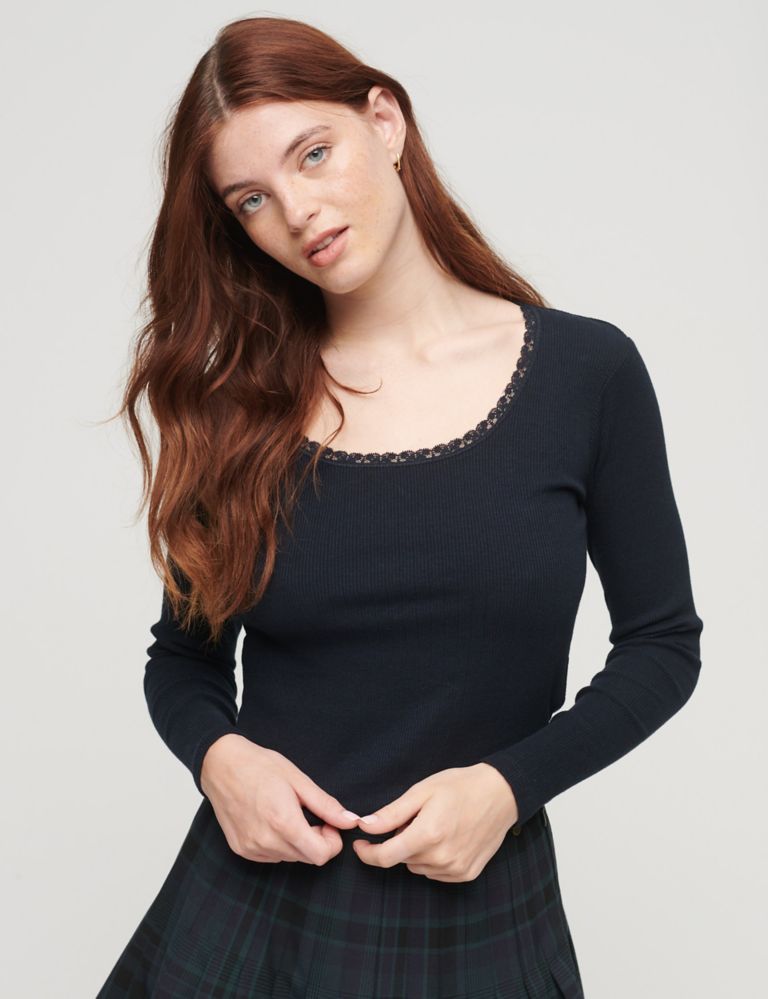 Cotton Rich Ribbed Lace Trim Top 1 of 3