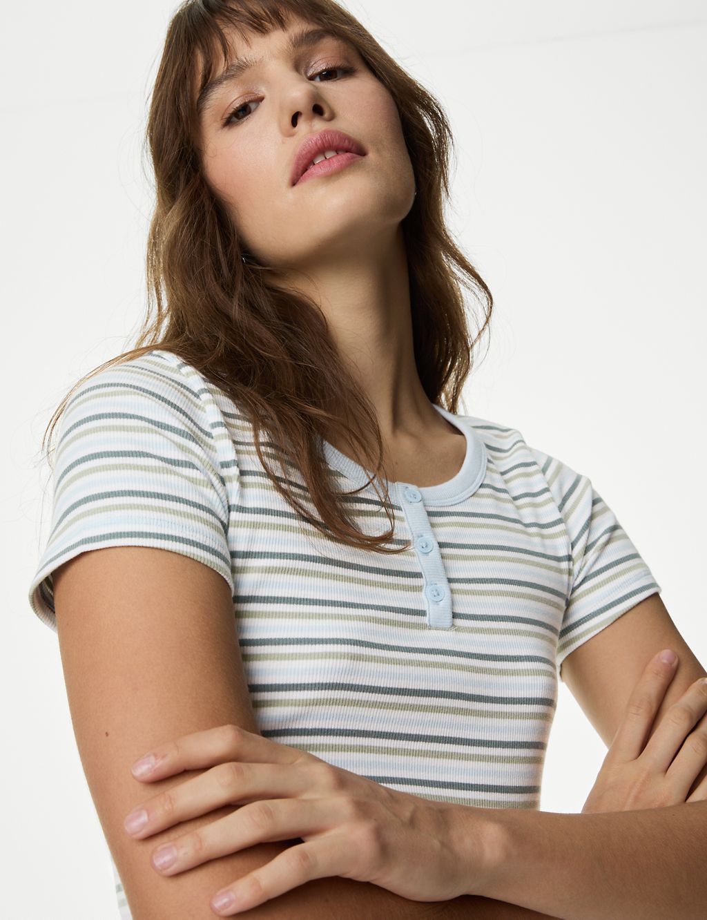 Cotton Rich Ribbed Striped Henley Top 2 of 5