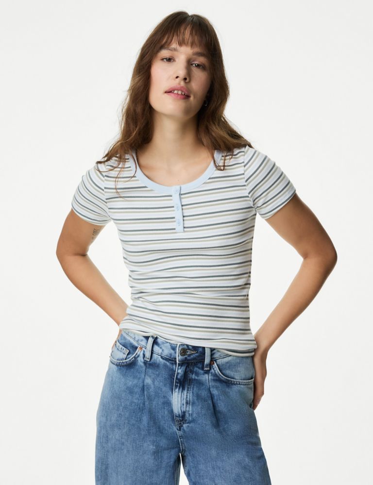 Cotton Rich Ribbed Striped Henley Top 4 of 5