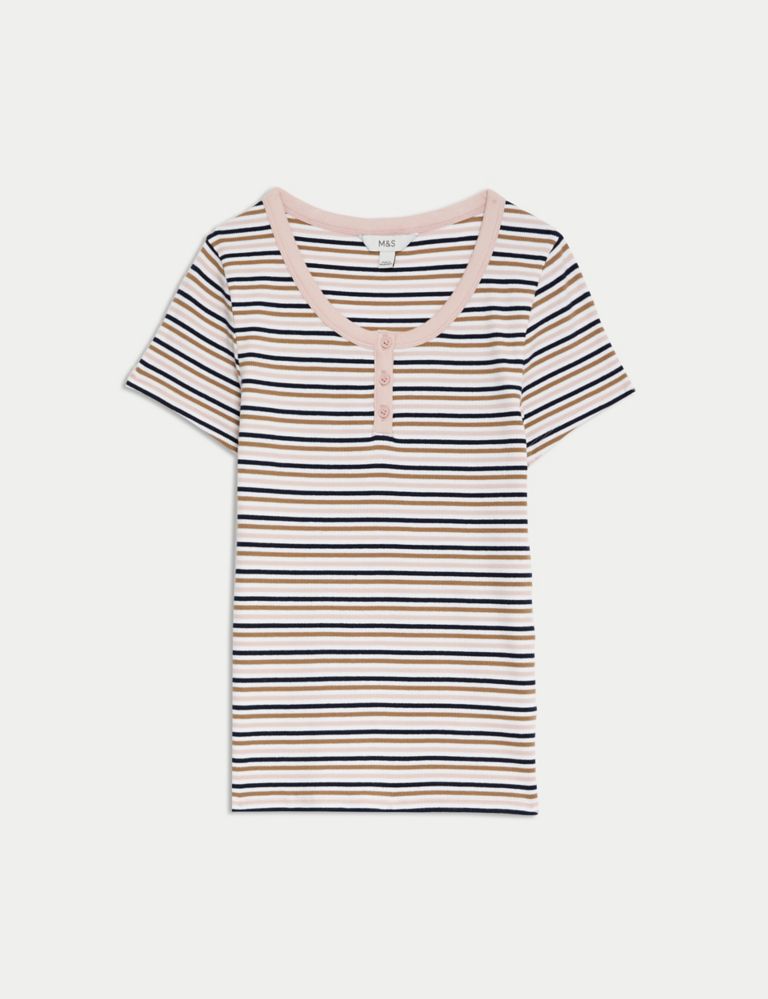 Cotton Rich Ribbed Striped Henley Top 2 of 5