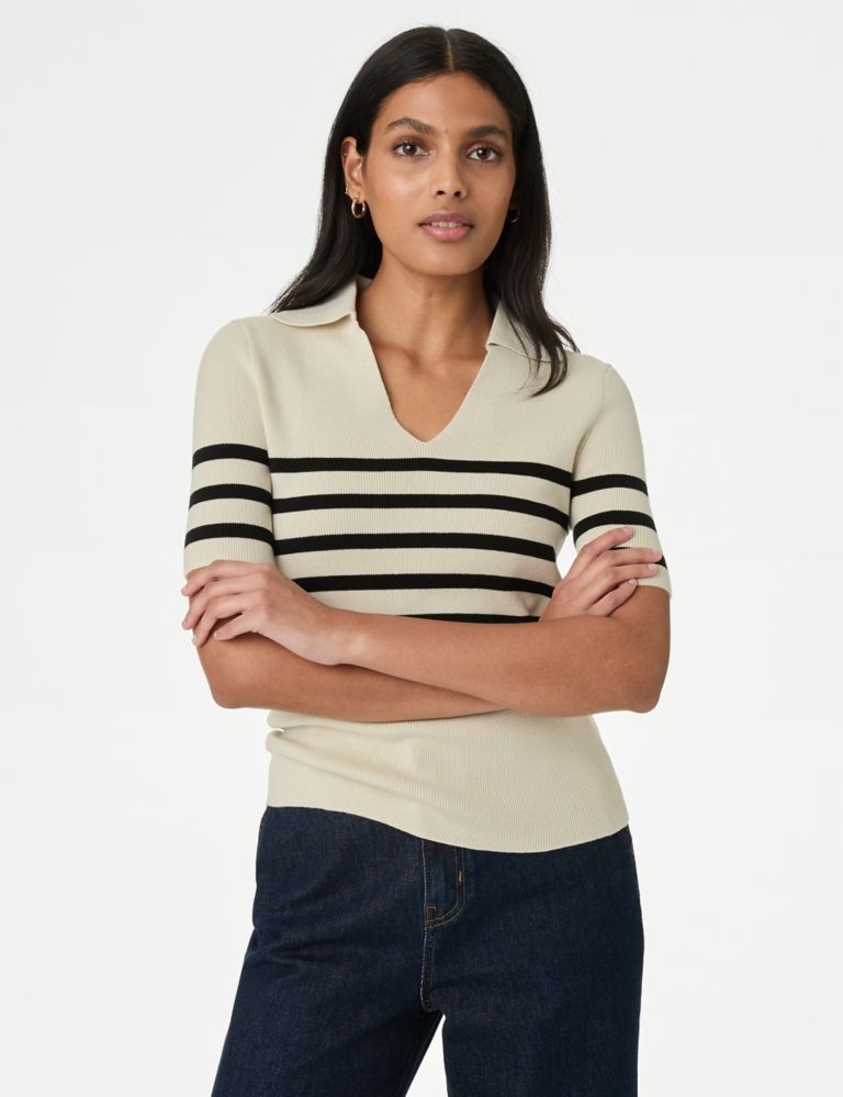 Cotton Rich Ribbed Striped Knitted Top 1 of 6