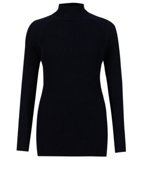 Cotton Rich Roll Neck Ribbed Jumper with Wool Image 2 of 4