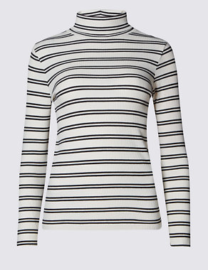 Cotton Rich Roll Neck Striped Top Image 2 of 3