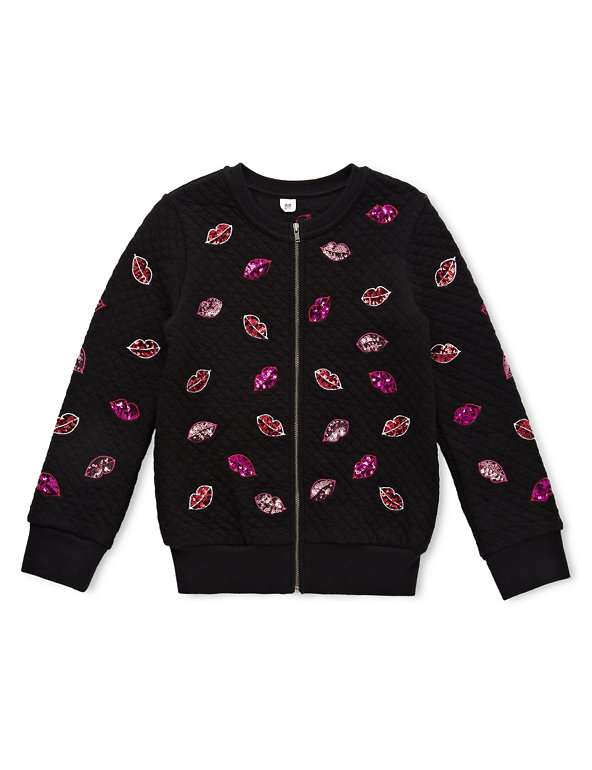 Cotton Rich Sequin Embellished Lips Design Bomber Jacket (5-14 Years) Image 1 of 2