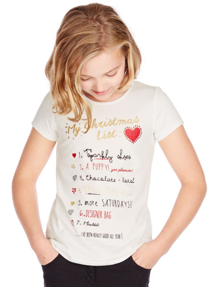 Cotton Rich Short Sleeve Christmas List T-Shirt (5-14 Years) 1 of 3