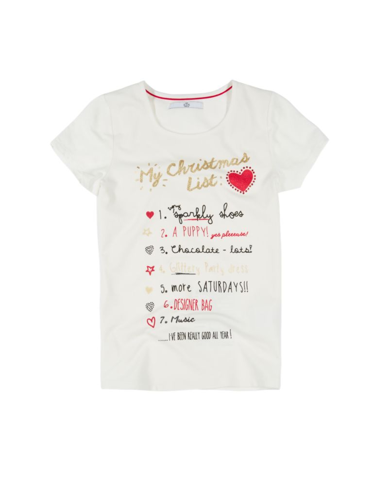 Cotton Rich Short Sleeve Christmas List T-Shirt (5-14 Years) 2 of 3