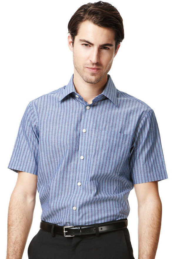 Cotton Rich Short Sleeve Striped Shirt with Linen Image 1 of 1