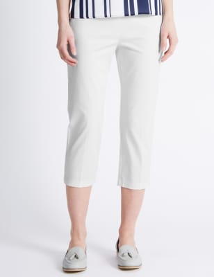 M&S Collection PLUS ~White Tapered Crop Trousers Cotton Rich Stretch~Sz 22 SHORT 