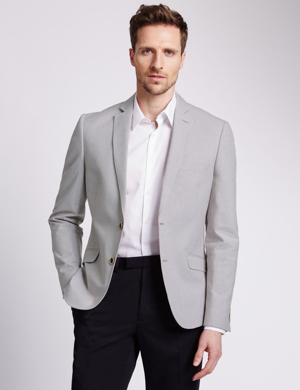 Cotton Rich Slim Fit Striped 2 Button Jacket with Linen 3 of 7