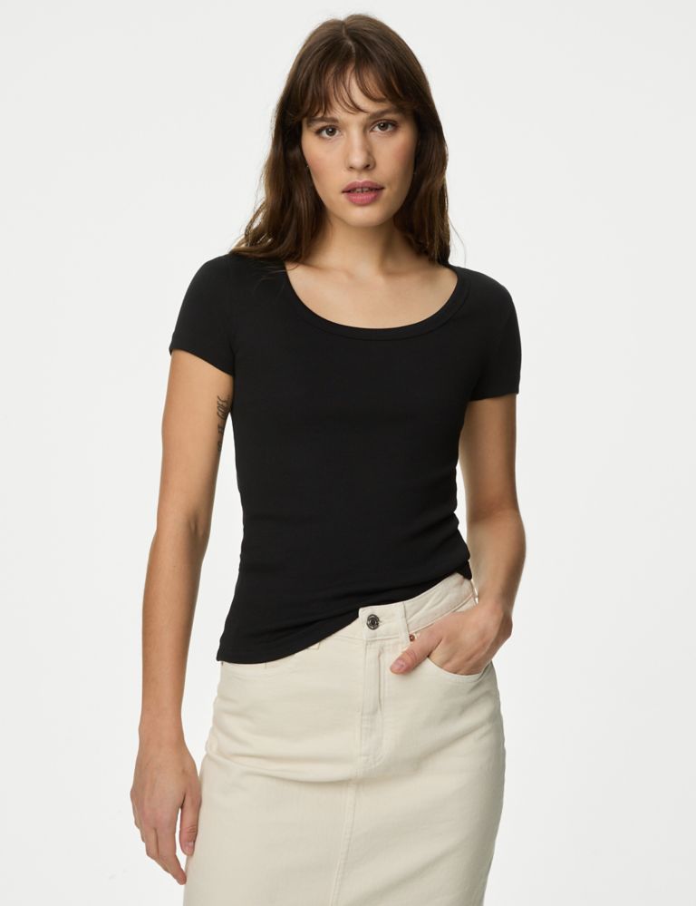 Cotton Rich Slim Ribbed Scoop Neck T-shirt 4 of 5