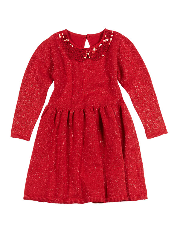 Cotton Rich Sparkle Effect Knitted Dress (1- 7 Years) Image 1 of 2