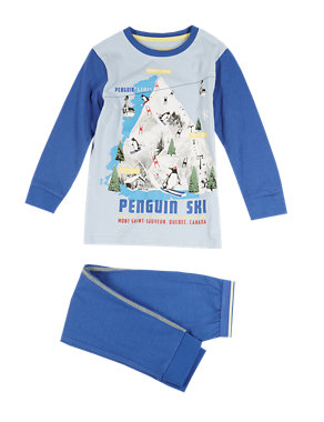 Cotton Rich Stay Soft Penguin Print Pyjamas (1-8 Years) Image 2 of 4