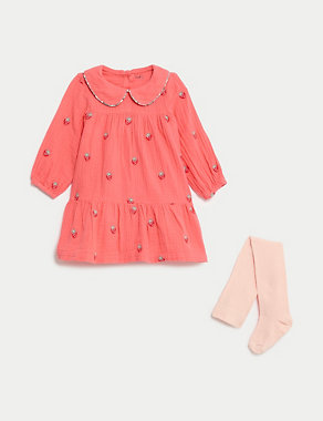 Cotton Rich Strawberry Dress with Tights (0-3 Yrs) Image 2 of 7