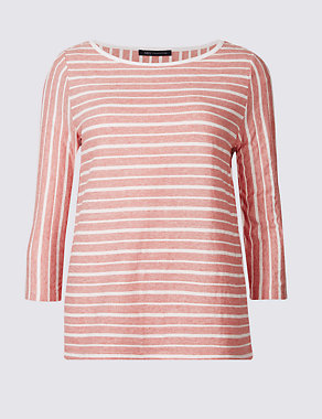 Cotton Rich Striped 3/4 Sleeve T-Shirt Image 2 of 5