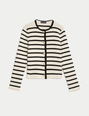 Cotton Rich Striped Crew Neck Cardigan, M&S Collection