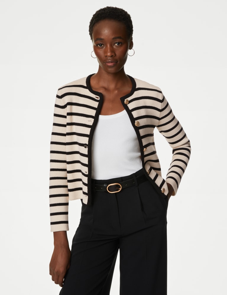 Cotton Rich Striped Crew Neck Cardigan