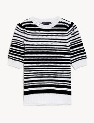 Cotton Rich Striped Crew Neck Knitted Top Image 2 of 6