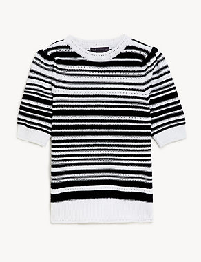 Cotton Rich Striped Crew Neck Knitted Top Image 2 of 6