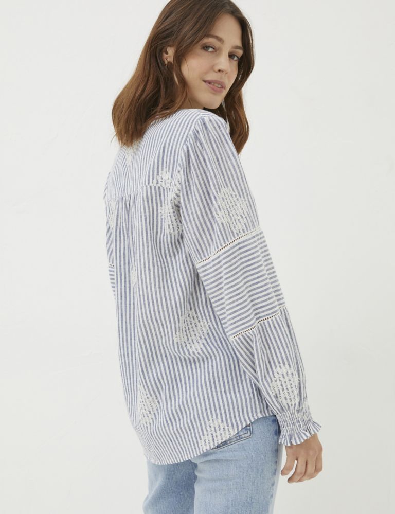 Cotton Rich Striped Embroidered Blouse 3 of 5