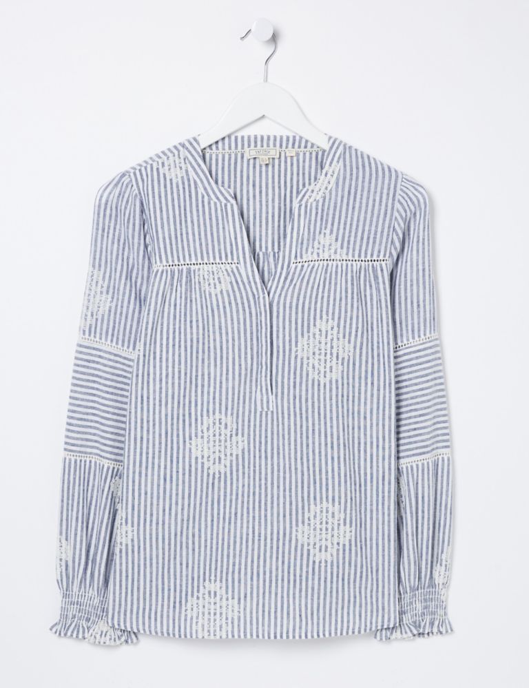 Cotton Rich Striped Embroidered Blouse 2 of 5