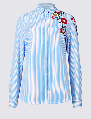 Cotton Rich Striped Embroidered Shirt Image 2 of 4