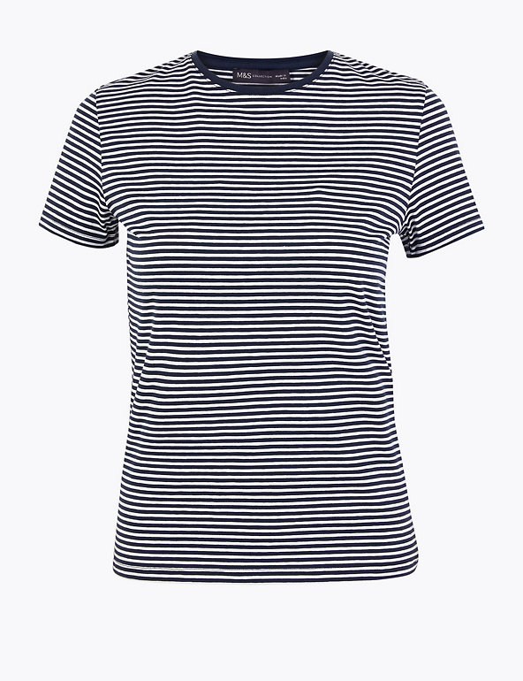Marks and Spencer Marks & Spencer M&S Relaxed FIT Nautical Navy & White Striped T-Shirt TOP TEE