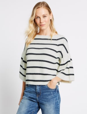 Cotton Rich Striped Flared Sleeve Jumper M S Collection M S