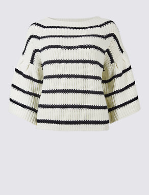 Cotton Rich Striped Flared Sleeve Jumper Image 2 of 5