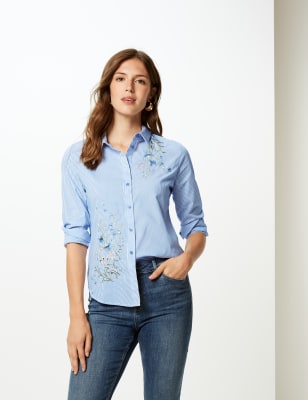 Out Last Sportswear Top Women Medium Denim Shirt Embroidered Fall Farm  Button-Up