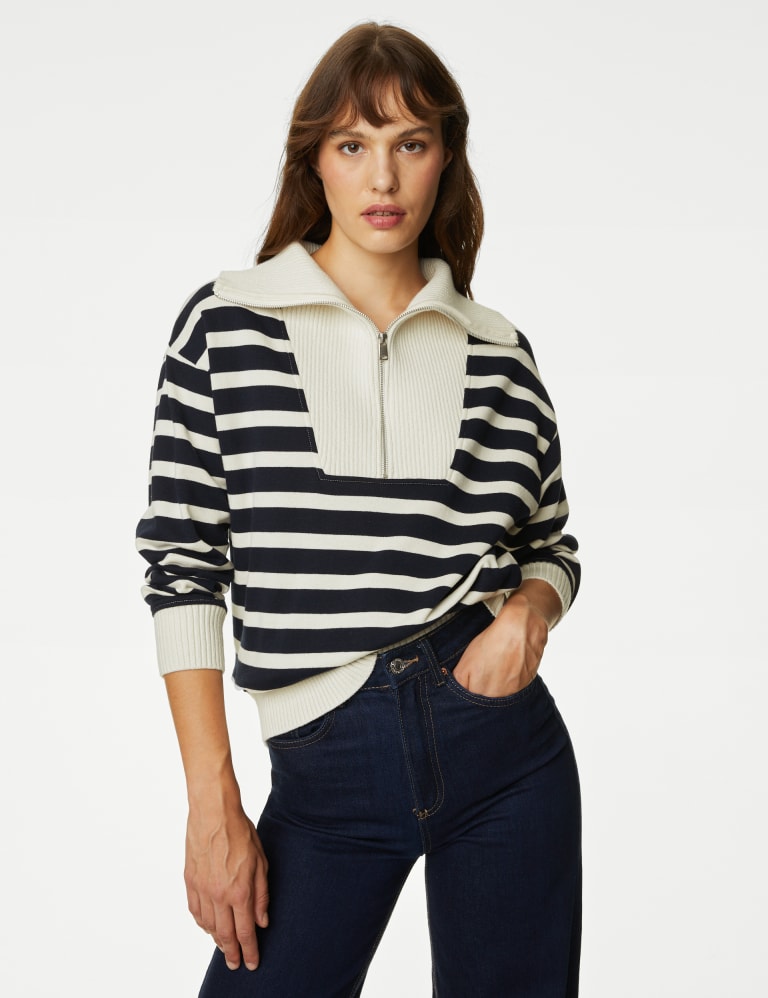 Cotton Rich Striped Half Zip Sweatshirt 4 of 6