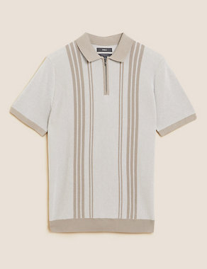Cotton Rich Striped Knitted Polo Shirt Image 2 of 5