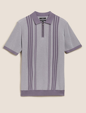 Cotton Rich Striped Knitted Polo Shirt Image 2 of 5