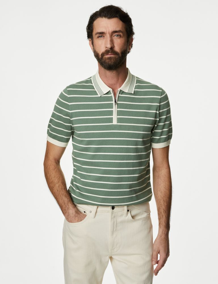 Cotton Rich Striped Knitted Polo Shirt 4 of 5