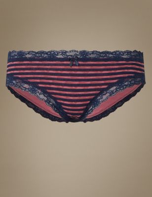 Cotton Rich Striped Lace Bikini Knickers Image 2 of 3