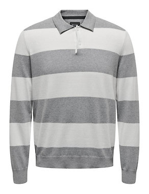 Cotton Rich Striped Long Sleeve Polo Shirt Image 2 of 5