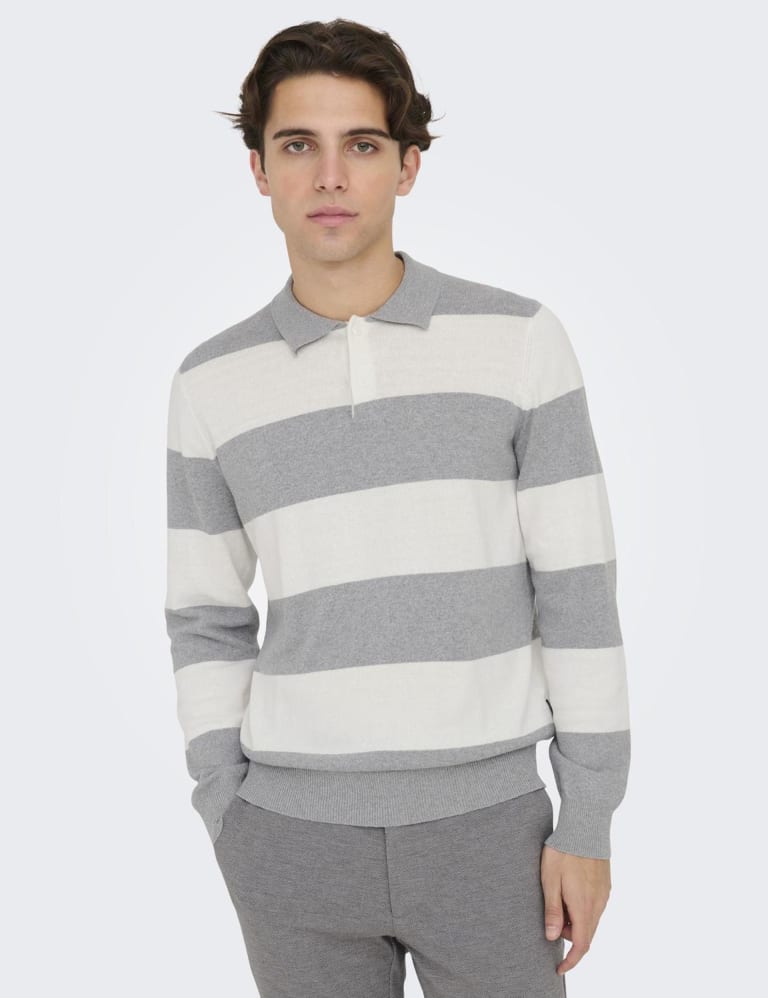 Cotton Rich Striped Long Sleeve Polo Shirt 1 of 5