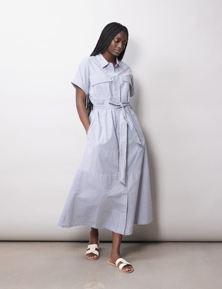 Cotton Rich Striped Midi Shirt Dress Albaray M S